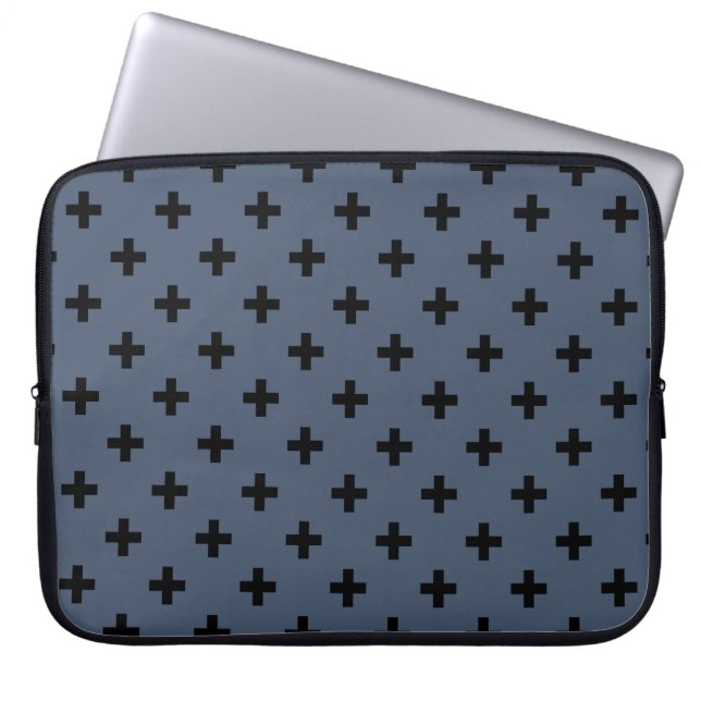 Schwarze Polka-Kreuze auf blau-grau Laptopschutzhülle (Vorderseite)