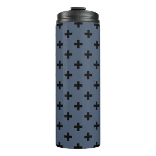 Schwarze Polka-Kreuze auf blau-grau Thermosbecher