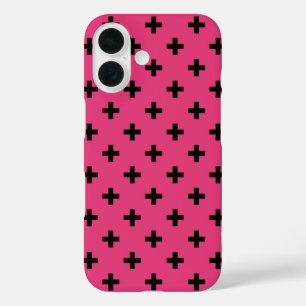 Schwarze Polka-Kreuze auf Fuchsia iPhone 16 Hülle