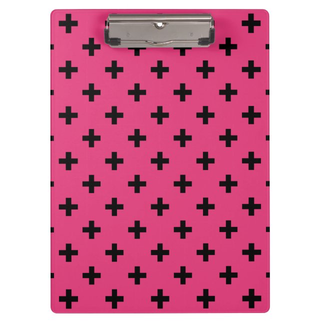 Schwarze Polka-Kreuze auf Fuchsia Klemmbrett (Vorderseite)