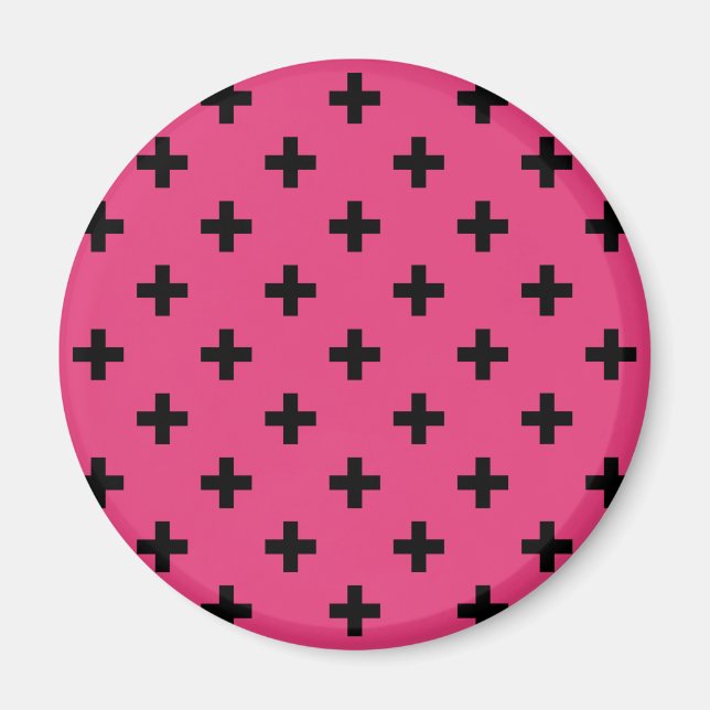 Schwarze Polka-Kreuze auf Fuchsia Magnet (Vorne)