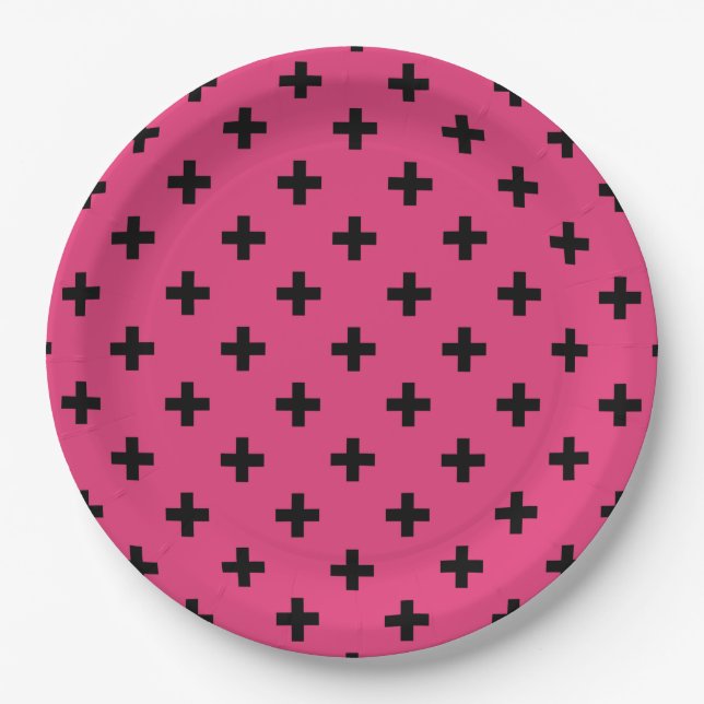 Schwarze Polka-Kreuze auf Fuchsia Pappteller (Vorderseite)