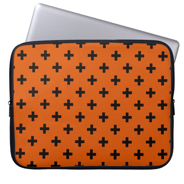 Schwarze Polka-Kreuze auf Orange Laptopschutzhülle (Vorderseite)