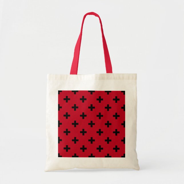 Schwarze Polka Kreuze auf rot Tragetasche (Vorne)