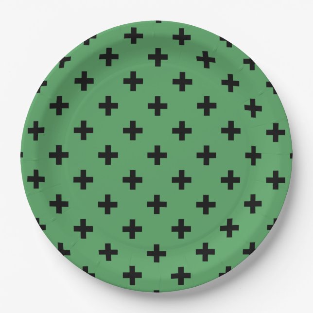 Schwarze Polka kreuzt grün Pappteller (Vorderseite)