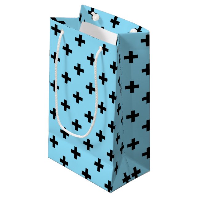 Schwarze Polka kreuzt in Babyblau Kleine Geschenktüte (Vorderseite Schrägansicht)