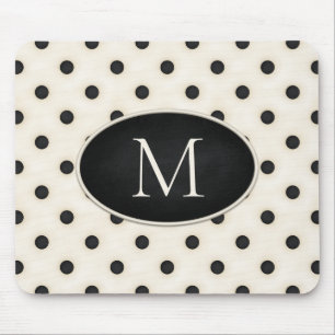 Schwarze Polka Punkte auf antikem Weiß Mit Monogra Mousepad