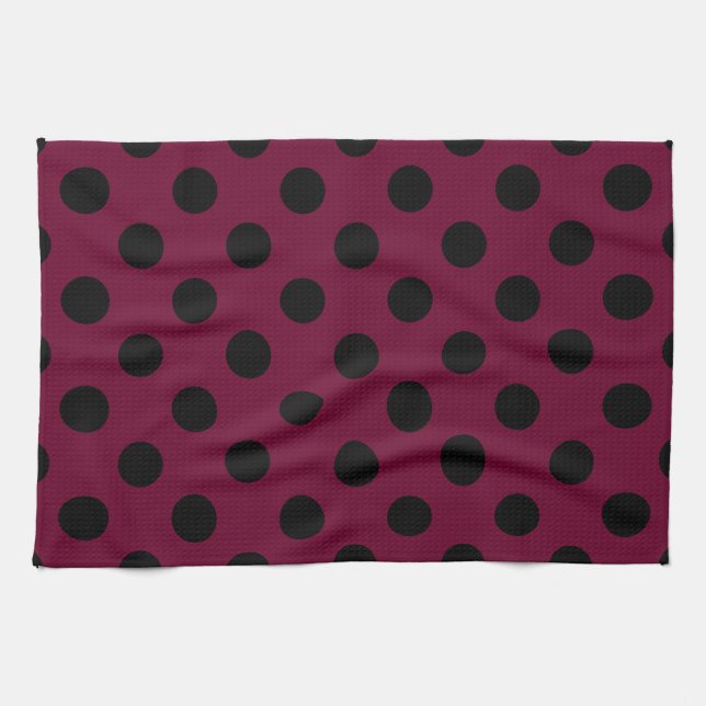 Schwarze Polka-Punkte auf Bordeaux Geschirrtuch (Horizontal)