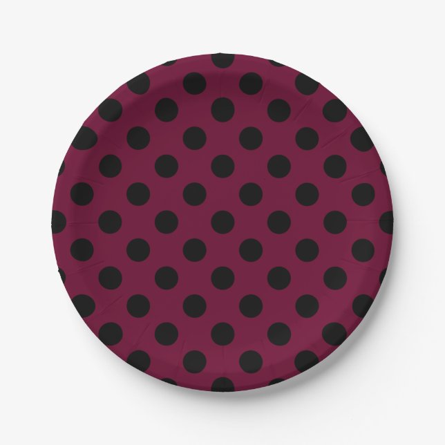 Schwarze Polka-Punkte auf Bordeaux Pappteller (Vorderseite)