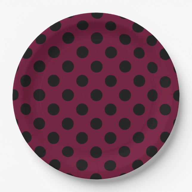 Schwarze Polka-Punkte auf Bordeaux Pappteller (Vorderseite)