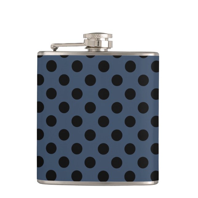 Schwarze Polka-Punkte auf grau-blau Flachmann (Vorderseite)