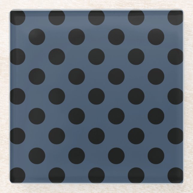 Schwarze Polka-Punkte auf grau-blau Glasuntersetzer (Vorderseite)