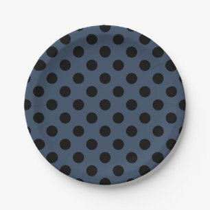 Schwarze Polka-Punkte auf grau-blau Pappteller