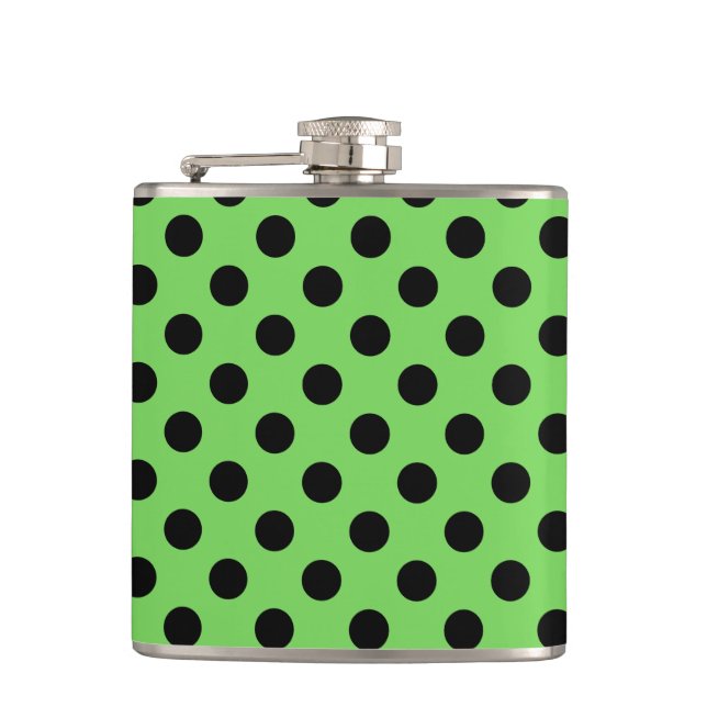 Schwarze Polka-Punkte auf Kalkgrün Flachmann (Vorderseite)