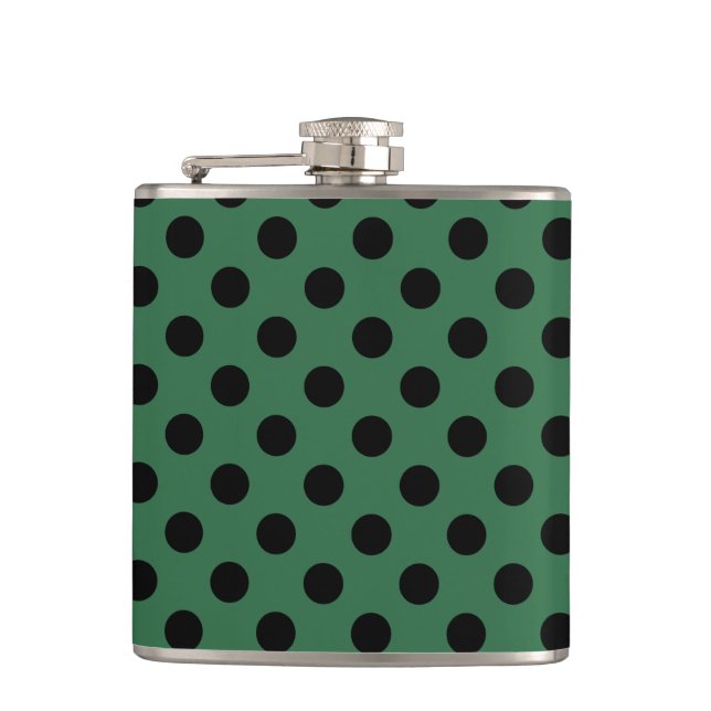 Schwarze Polka-Punkte auf kelgrün Flachmann (Vorderseite)