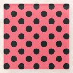 Schwarze Polka Punkte auf Korallen Glasuntersetzer<br><div class="desc">Schwarze Polka Punkte auf Korallen</div>