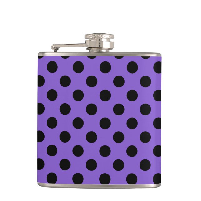Schwarze Polka-Punkte auf Lavendel Flachmann (Vorderseite)