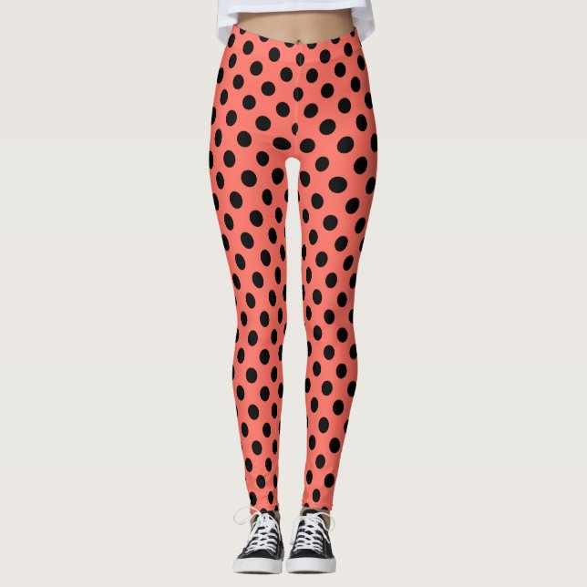 Schwarze Polka-Punkte auf lebende Korallen Leggings (Vorderseite)
