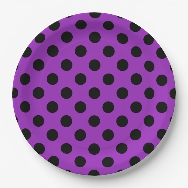 Schwarze Polka Punkte auf lila Pappteller (Vorderseite)