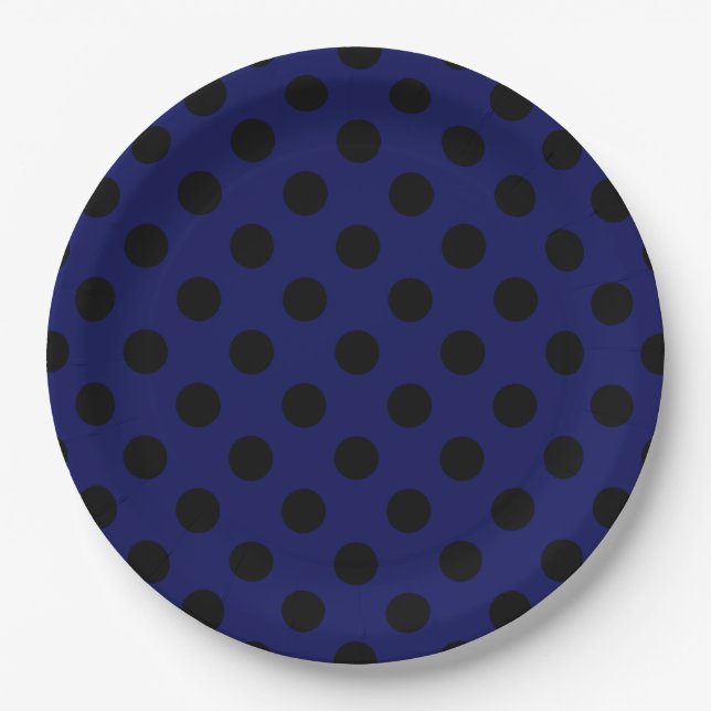 Schwarze Polka Punkte auf marineblau Pappteller (Vorderseite)