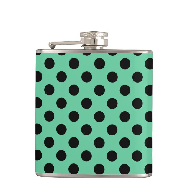Schwarze Polka Punkte auf Minzgrün Flachmann (Vorderseite)