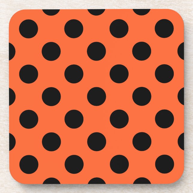 Schwarze Polka-Punkte auf Orange Getränkeuntersetzer (Vorderseite)