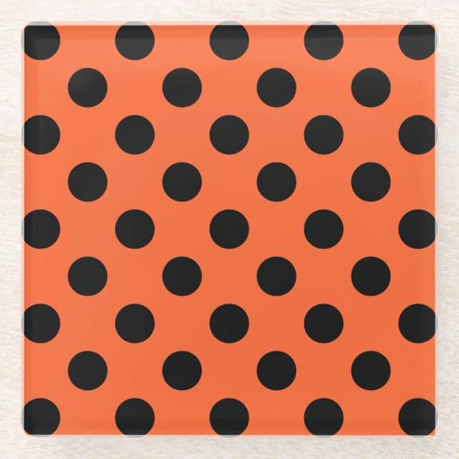 Schwarze Polka-Punkte auf Orange Glasuntersetzer (Vorderseite)