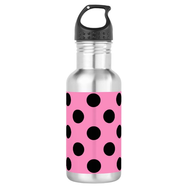 Schwarze Polka-Punkte auf Rosa Edelstahlflasche (Vorderseite)