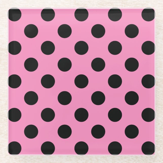 Schwarze Polka-Punkte auf Rosa Glasuntersetzer (Vorderseite)