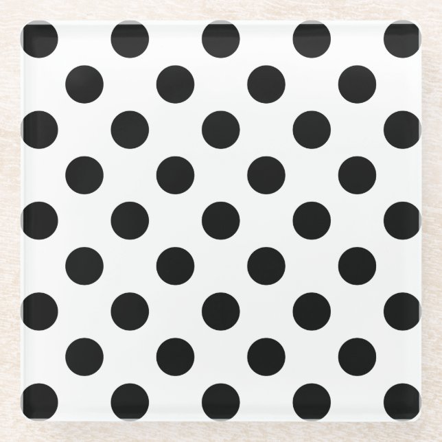 Schwarze Polka Punkte auf weiß Glasuntersetzer (Vorderseite)