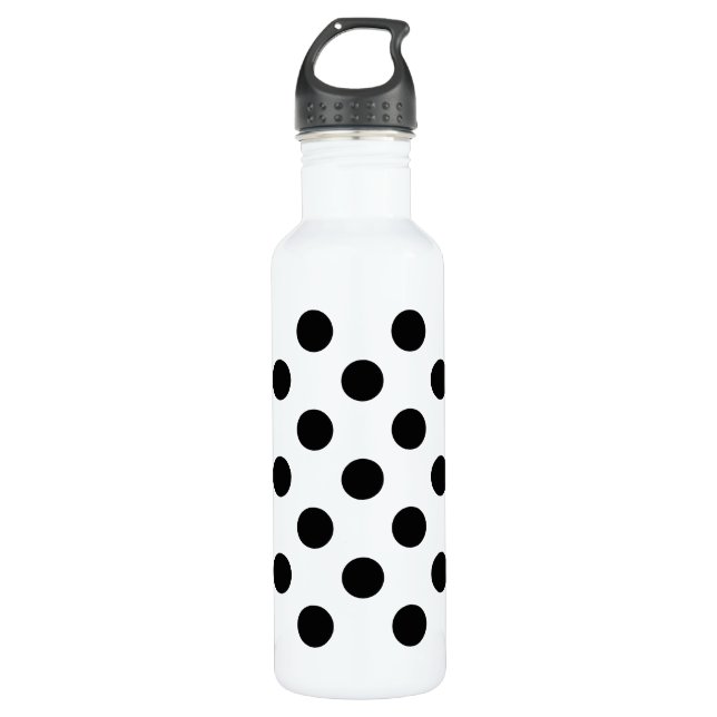 Schwarze Polka Punkte auf weiß Trinkflasche (Vorderseite)