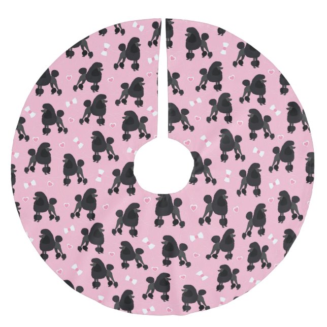 Schwarze Poodles und Bows Muster Pink Polyester Weihnachtsbaumdecke (Vorderseite)