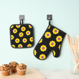 Schwarze Potholer und Ofen-Mitte mit gelben Blumen Ofenhandschuh & Topflappen-Set