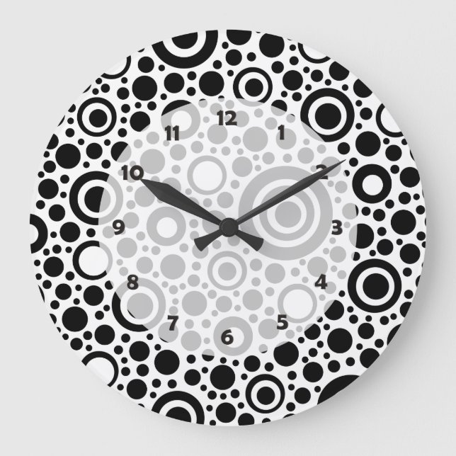 Schwarze Punkte & Kreismuster + Ihr Text & Hinterg Große Wanduhr (Vorderseite)