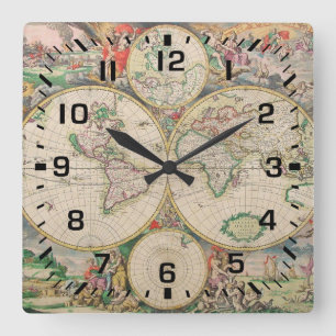 Schwarze Quadratzahlen / Vintage-Reiseweltkarte Quadratische Wanduhr