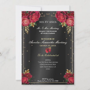 Schwarze Quinceañera-Einladungen mit roten Rosen Einladung
