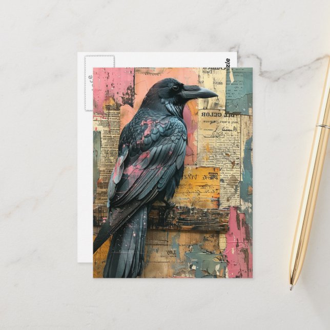 Schwarze Raben Mixed Media Collage Postkarte (Vorderseite/Rückseite Beispiel)