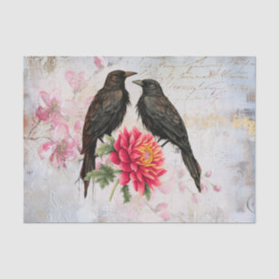 Schwarze Raben & rosa Blumen im Vintage-Decoupage- Seidenpapier