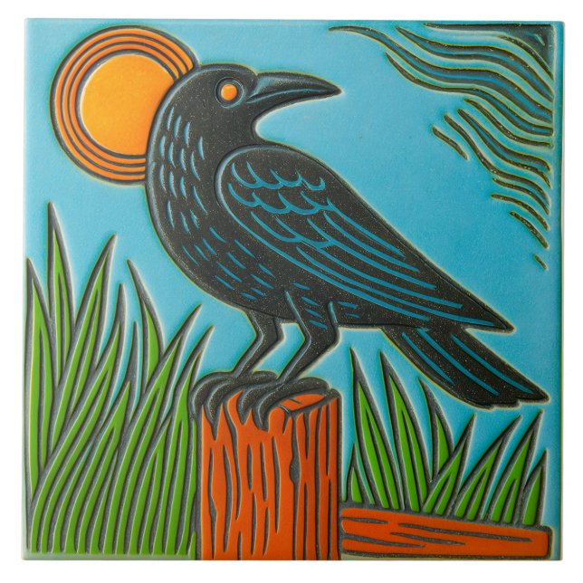 Schwarze Raben-Vogel-Kachel Fliese (Vorderseite)
