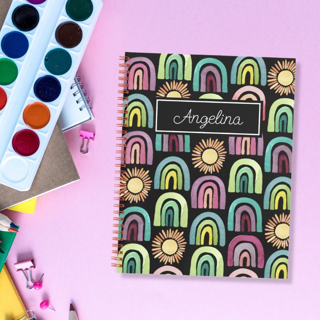 Schwarze Regenbogen und Sonnen Muster Kinder zurüc Notizbuch (Von Creator hochgeladen)