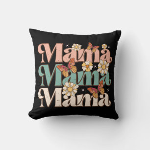 Schwarze Retro-Blumen-Schmetterling-Mama-Typografi Kissen