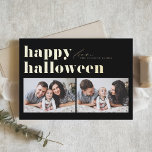 Schwarze Retro Typografie Happy Halloween Zwei-Fot Folien Feiertagskarte<br><div class="desc">Frohe Halloween! Versenden Sie Halloween-Grüße an Familie und Freunde mit dieser anpassbaren Halloween-Foto-Karte. Es zeichnet sich durch Retro-fett Typografie aus. Personalisieren Sie diese,  indem Sie Ihre Daten hinzufügen. Diese Goldfolie Halloween-Karte ist auf anderen Cardstock erhältlich. Matching-Elemente sind verfügbar.</div>