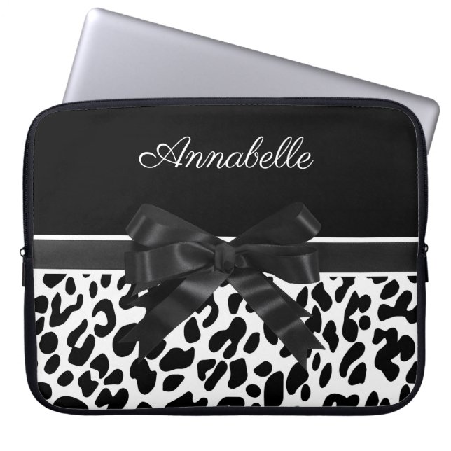 Schwarze Ribbon Leopard Print Laptopschutzhülle (Vorderseite)