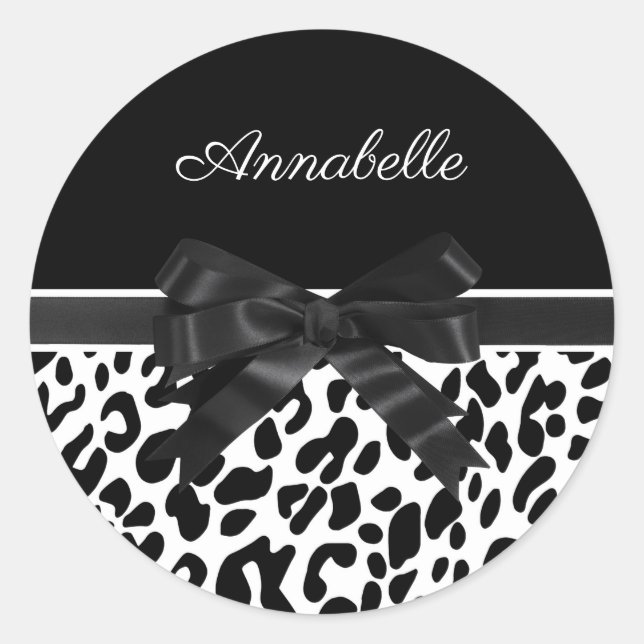 Schwarze Ribbon Leopard Print Runder Aufkleber (Vorderseite)