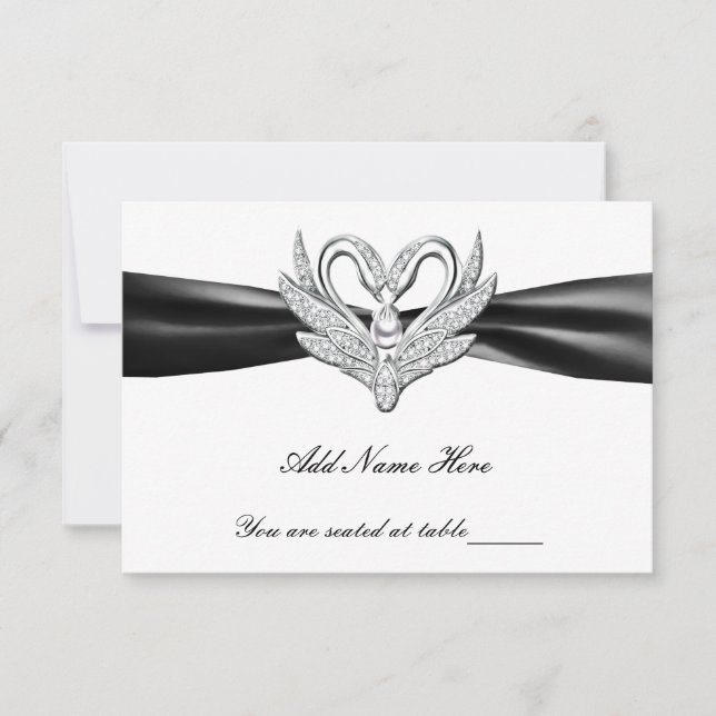 Schwarze Ribbon Silver Swans Table Platzkarte (Vorderseite)