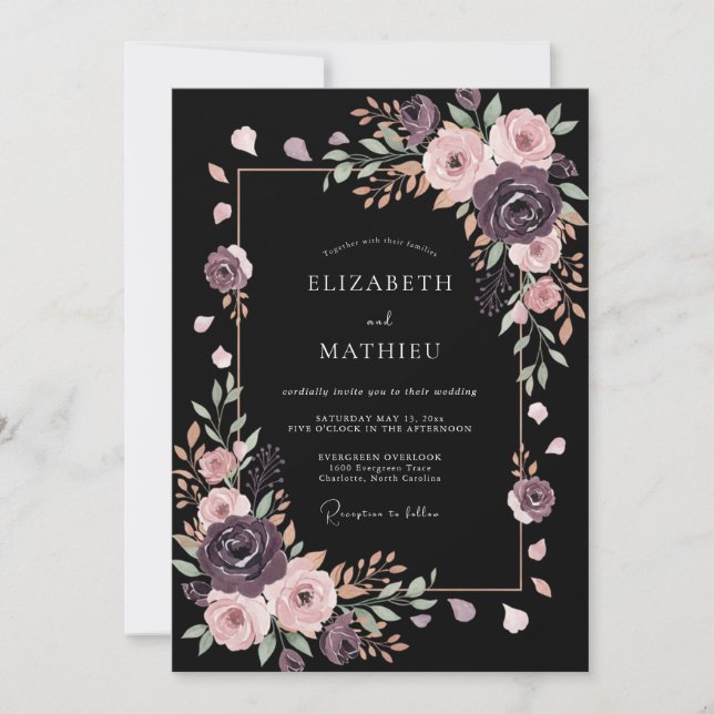 Schwarze romantische Mitternachts-Hochzeit Einladung (Vorderseite)