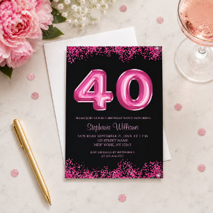 Schwarze rosa Ballons Glitter 40. Geburtstagsfeier Einladung
