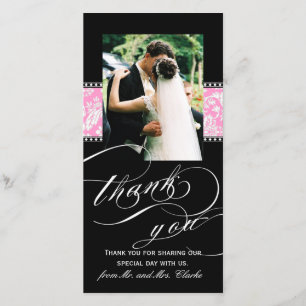 Schwarze rosa Damast-Hochzeit danken Ihnen Dankeskarte