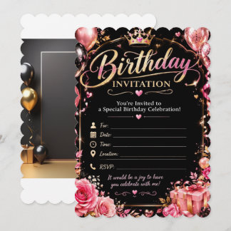 Schwarze & rosa florale Geburtstagseinladung 🌸 Einladung