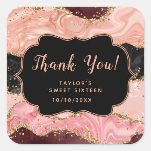 Schwarze rosa Pailletten Achat Sweet Sixteen Danke Quadratischer Aufkleber